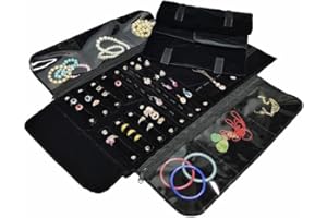SCIKHEFT Velvet Travel Jewelry Case Roll Bag Organizer for Necklace Bracelet Earrings Ring (Black)