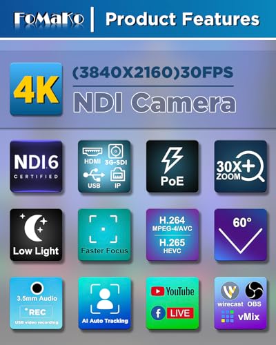 FoMaKo 4K PTZ NDI HX3 Camera 30x Optical Zoom, AI Auto Tracking, 3G-SDI HDMI LAN PoE USB3.0 Live Steaming Camera 【4K 30x NDI HX3 SDI KI Tracking, K30NS】