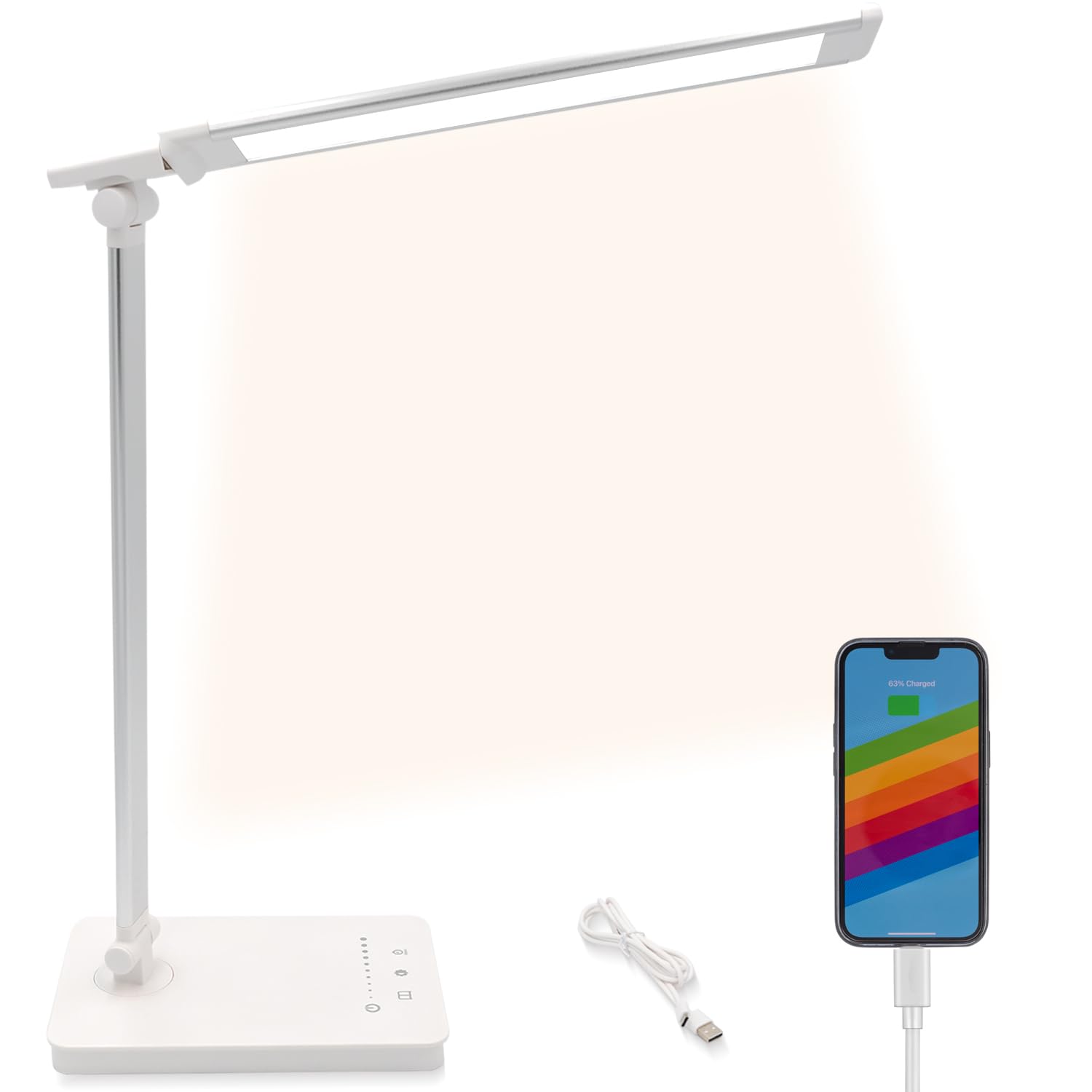 Qualore Desk Lamp, Led Bedside Table Lamp with USB Charging Port, 5 Color Mode, 5 Brightness Level, Touch Control, Auto Timer, Eye Caring Light for Home Office Study Bedroom Nail Kids (White)