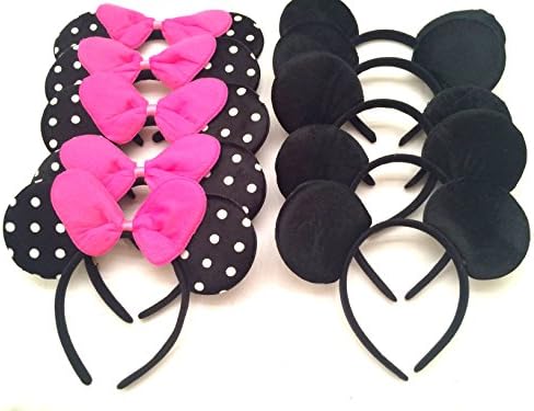 Set of 12 Mickey Minnie Mouse Black Pink Polka Dot Costume Deluxe Fabric Ears HeadbandSet of 12