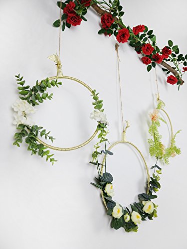 RISEON Handmade Set of 3 Gold Flower Wreaths,Boho Dream Catcher,Rustic Wedding Backdrop, Artificial Plant Vine Greenery Flower Garland, Window Wall Hanging Nursery Decor, Floral Hoop Ornament Gift