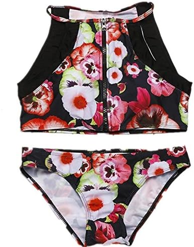 AiSiC Women Floral Printed Racerback Front Zipper Push Up Split Bikini Set Swimwear