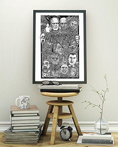 Monsters and Horror Movie Villians Including Dracula, Freddy, Jason, Frankenstein, Mummy and More!- Inspired Letterpress Art Print Poster -Detailed Pen and Ink Original Hand Drawing 11"x17"