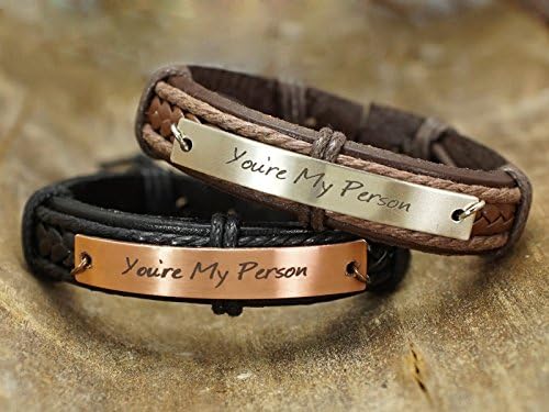 Best Friend Bracelet Set of 2, You Are My Person- Grey's Anatomy Quote Engraved, Custom Positive Message, Real Leather Band, Couple Matching Cuffs