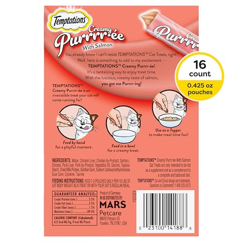 TEMPTATIONS CREAMY PUREE WITH SALMON LICKABLE, SQUEEZABLE CAT TREATS, 0.42 OZ POUCHES, 16 COUNT