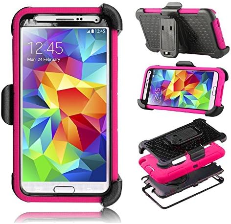 Yyue Ultra Shock&amp;drop-proof Amy-grade Protective Hard Defender Case and Three Layer Hard Shell Cover Holster with 360 Degree Rotating Ring Bracket Protective Case for Samsung Galaxy S5 I9600 -- TPU Rubber &amp; Silicone Case with Stand &amp; Clip for Samsung Galaxy S5 I9600-Rose Red