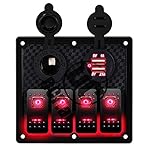 DCFlat 5 Pin 4 Gang / 6 Gang Car Marine Boat Circuit RV LED Rocker Switch Panel Breaker Voltmeter USB for RV Car Boat Blue / Red / Green Light (4 Gang Red)