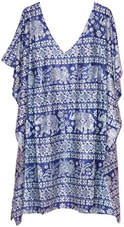Women's Elephant Kaftan Free Size Short Maxi Gown (White-Blue)