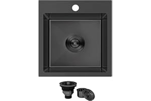 KINGO HOME Black Bar Sink Drop In,15 x 15 Inch Topmount RV 16 Gauge Gunmetal Black Stainless Steel Single Bowl Small Kitchen Sink,Outdoor Handmade Stainless Steel Wet Bar Perp Sink with Drain