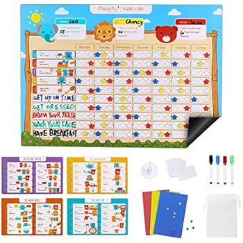 Magicfly Behavior Reward Chart for Kids, 17 x 12 Inch Chore Chart for Multiple Kids, Dry Erase Magnetic Responsibility Chart, Sticker Chart for Refrigerator with Reward Stars & Erase Markers