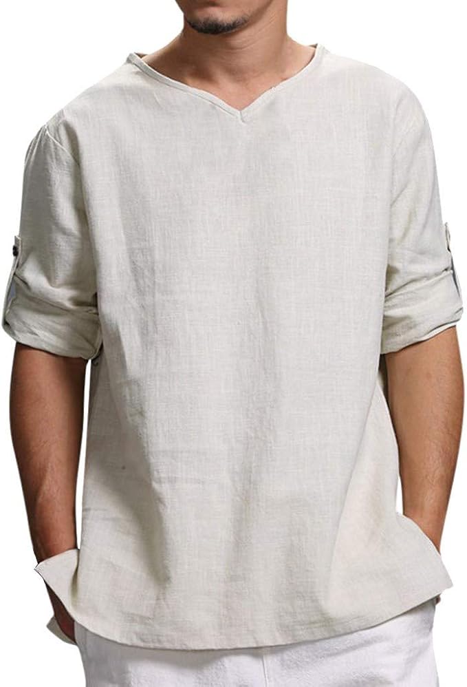 Mens Casual Loose Linen Cotton Shirt ONeck 3/4 Sleeve Banded Collar T