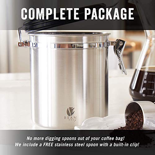 Bean Envy Airtight Coffee Canister - 16oz - Sealed Cantilever Lid with Co2 Gas Release Wicovalve & Numerical Day/Month Tracker - Stainless Steel Storage Vault for Whole/Ground Coffee Bean - Stainless