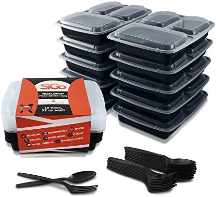SiGo Meal Prep Containers | 10-Pack, 3 Compartment, Reusable, Leak Resistant Bento Lunch Boxes for Portion Control | BPA-Free Food Storage Containers | Microwave &amp; Dishwasher Safe | Bonus Cutlery
