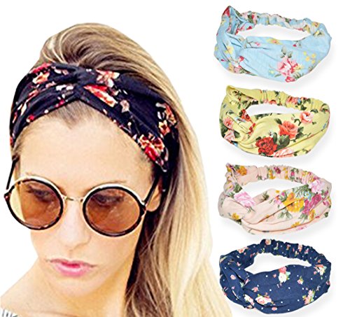 4 Pack Headbands Vintage Elastic Printed Head Wrap Adjustable Moisture Hairband Twisted Cute Hair Accessories