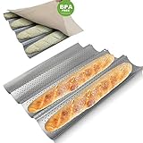 Walfos Baguette Pan Set-Food Grade Nonstick Coating Perforated Baguette Bread Pans for French Bread Baking 4 Loaves, with Professional Bakers Couche Proofing Cloth
