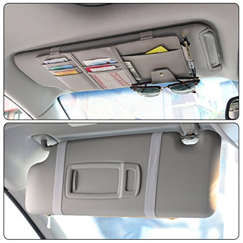 Vankcp Car Sun Visor Organizer, Auto Interior Accessories Sunglass Pen CD Card Small Document Storage Pouch Holder, PU Leather, Multi-Pocket with Zipper Net (Black)