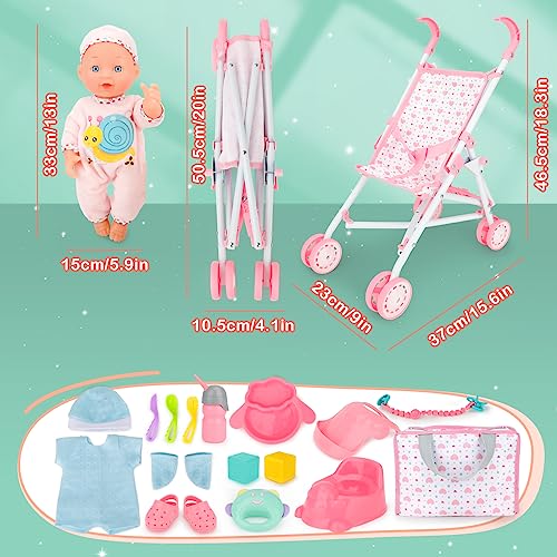 DeAO 17pcs Baby Stroller Toys with 33 cm Dolls Bag 2 Clothes for Dolls | Dolls Trolley with Quiet Wheels, Lightweight and Stable, Role Play for Children with Feeding and Baby Bottles for Dolls