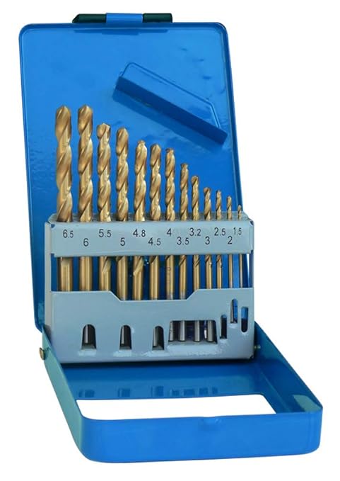 S&R Metallbohrer Set 1,5-6,5 mm 13 Stk, 135°, DIN 338, geschliffen, HSS TITANIUM, Nitrit-Titan-Beschichtung, Metallbox, Profi