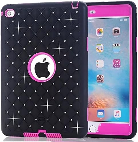 iPad Mini 4 Case, Acheers 2 in1 Hard PC + Silicone Hybrid Heavy Duty Studded Rhinestone Crystal Bling Case Cover For Apple iPad Mini 4 (2015 Edition) (black+pink)