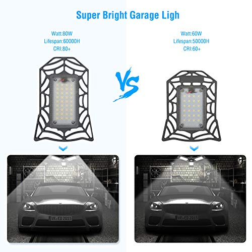 Led Garage Light, Vorida 8000LM E26/E27 Basement Deformable 80W Garage Lights, Led Garage Ceiling Light Fixture with 3 Adjustable Light Panels for Garage, Warehouse and Workshop(NO Motion Activated)
