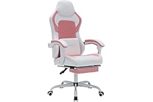 NIONIK Gaming Chair with Footrest, Ergonomic Computer Gaming Chair, Massage Lumbar Video Game Chairs, Office Gaming Chairs for Adults, Gamer Chair with Adjustable Height and Backrest(Whitepink)