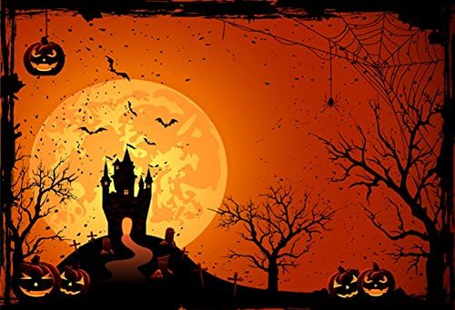 Yelewen 7x5ft Spooky Halloween Scary Pumpkins Bats Full Moon Spider Cobweb Hauted House Silk Photography Backdrops Indoor Studio Customized Digital Printed Backgrounds Photo Props