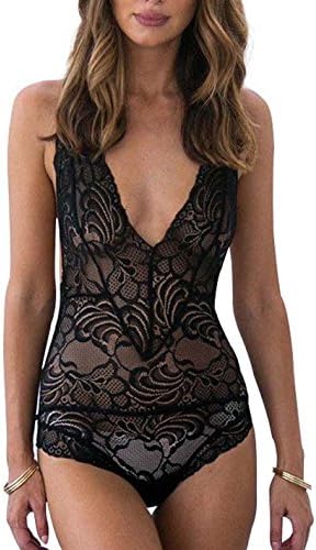 Anlove Women Sexy Lingerie Backless Floral Lace Babydoll Sleepwear Teddy Bodysuit (M, Black)