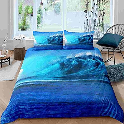 Feelyou Big Ocean Wave Comforter Cowl Sea Wave Browsing Bedding Set for Boys Ladies Youngsters Nautical Type Quilt Cowl Room Decor Bedspread Cowl Blue Queen Measurement Quilt Cowl 3Pcs