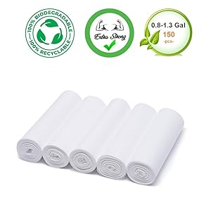 Aircover Biodegradable Trash Bags, Extra Thick 1.2 Mil Recyclable Garbage Bags for 0.8-1.3 GAL Small Trash Can or Waste Basket. 150 Count. Unscented
