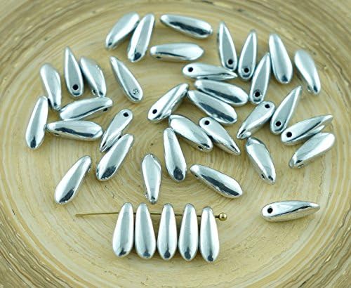 50pcs Metallic Silver Small Czech Glass Dagger Beads Glass Leaf Beads Petal Beads 11mm x 3mm