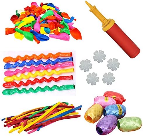 Wytogether 100 Pieces Party Balloons Assorted Color Latex Balloons, 3 Style, Hand Held Air Inflator and 6 colors of Crimped Curling Ribbons,5 In 1 Plastic Balloon Clip.Random Color