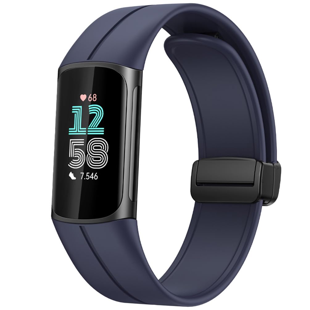 Miimall Magnetic Strap for Fitbit Charge 6 /Fitbit Charge 5 Straps, Soft Silicone Sports Strap for Women Men, Adjustable Replacement Band-Dark Blue