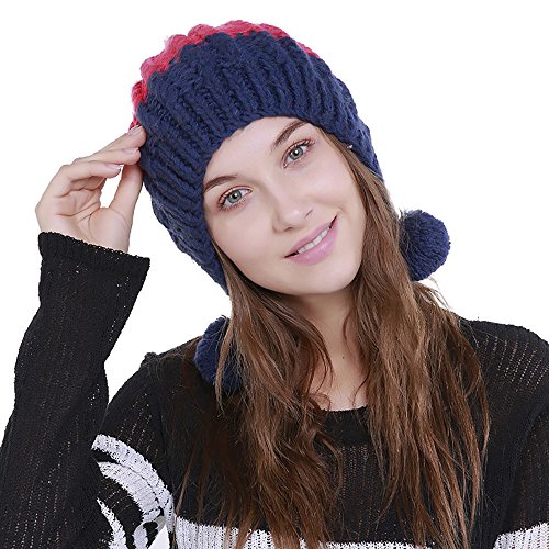 TWGONE Knit Cap for Women Wool Color Block Warm Beanie Winter Hat Ski Crochet Cap Pom Pom(One Size,Hot Pink) - Thumbnail 2