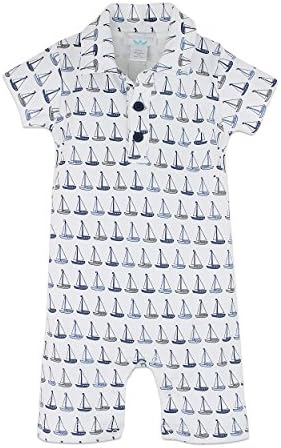 Feather Baby Boys Clothes Pima Cotton Collared Short Sleeve Polo Shortie Romper, 9-12 Months, Sailboats