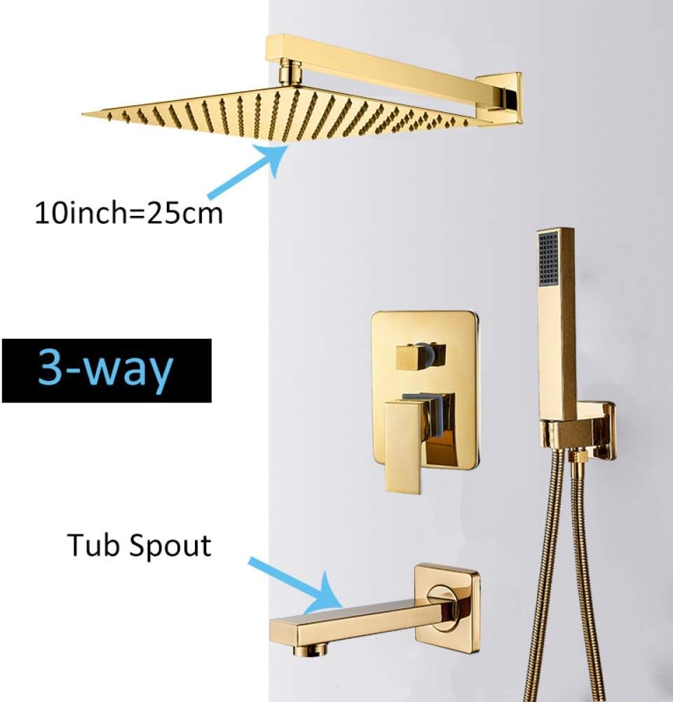 LYRR Wall Mount Golden Shower Faucets Set Ultrathin Rainfall Gold Shower Hot Cold Water Mixer Shower System 3-Way 10inch
