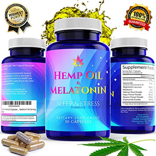 Premium Hemp Oil Capsules for Sleep with Melatonin - Hemp Oil Supplements - Helps Promote Restful Sleep and Calm Mood: 30 Servings