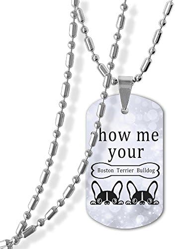 ERMA BIGCROW Show Me Your Boston Terrier Bulldog,Necklaces Chain 23 Inch,Pendants Lord's Prayer Dog/military Tag 1.142 Inch,for Men Women,Stainless Steel,Silver