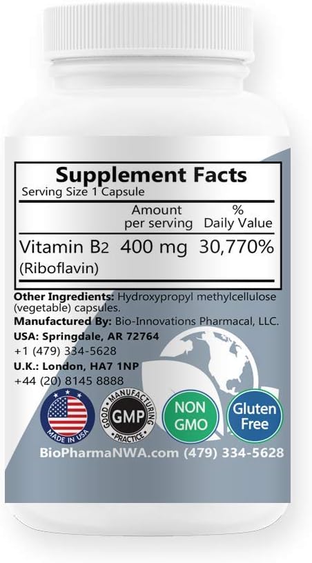 Bio-Innovations Vitamin B2 Riboflavin 400 mg, 60 Vegetable Capsules, 60 count (Pack of 1) - Image 4