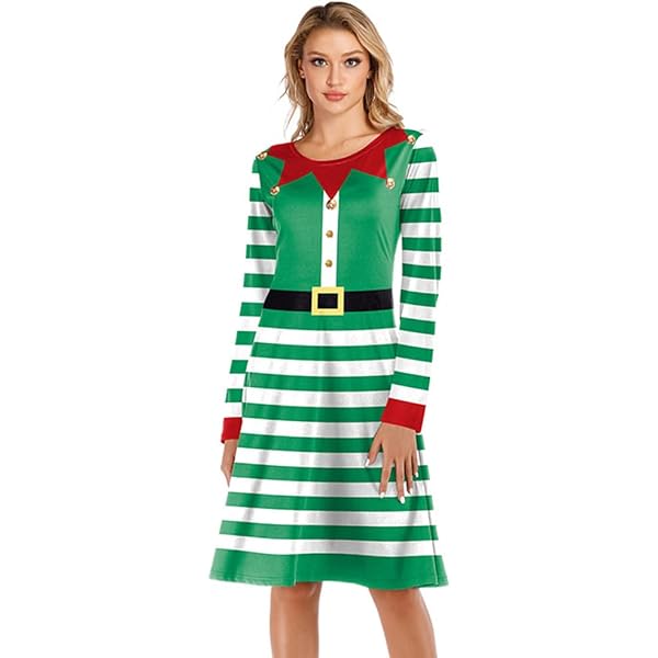 Allison Brittney Women's Long Sleeve Crew Neck Jacquard Skater Elf Stripe  Dress, Green, XL at Amazon Women's Clothing store
