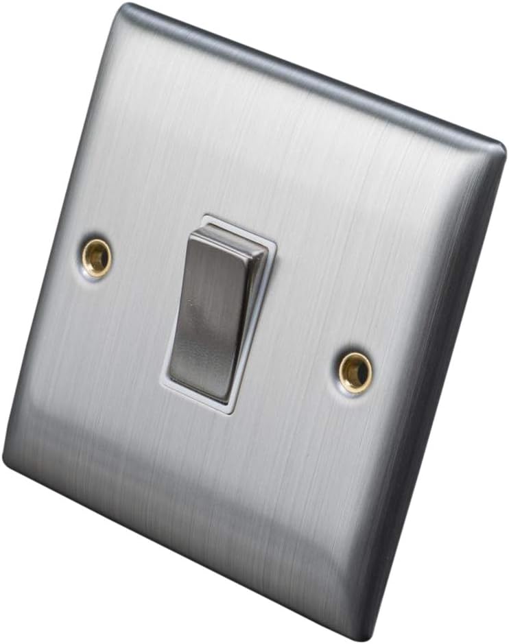 Dencon Brushed Stainless Steel/Satin Chrome 1 Gang Single Switch with Rounded Edge and White Insert