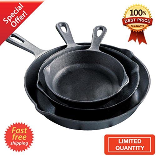 Cast Iron Pan Set 3 Piece Skillet Stove Oven Woks Stir-Fry Pans Cookware Pots NEW