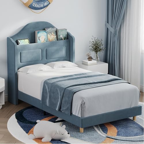 Twin Bed Frame for Kids, Upholstered Platform Bed for Boys/Girls, Blue