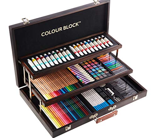 COLOUR BLOCK 181 pc All Media Wooden Case Set with Coloring Card. Quality Drawing, Painting and Coloring Set in Deluxe Gift Box. Great Christmas Gift for The Aspiring Artist.