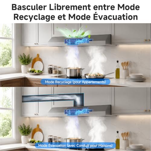 AAOBOSI A++ Hotte Aspirante 60cm, 3 Vitesses, 230m³/h Hotte Sans Evacuation, Évacuation ou Recyclage, Filtre au Charbon Inclus, Éclairage LED Acier Inoxydable Argenté