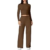 QINSEN Womens 2 Piece Sets Long Sleeve Slim Fit Crop Tops Wide Leg Pants Matching Lounge Set