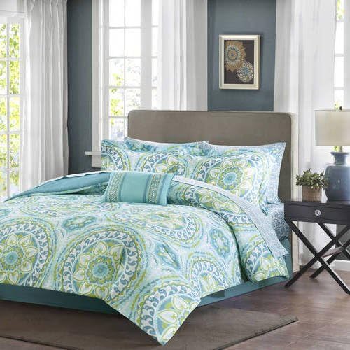 7 Piece Aqua Blue Intricate Medallion comforters Twin Set With Sheets, Light Blue Green Stencil Motif Bohemian Moroccan Mandala Pattern, Reversible Solid Color Adult Bedding Master Bedroom, Cotton
