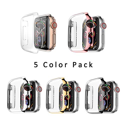 Leotop Compatible with Apple Watch Case 44mm 40mm, Super Thin PC Plated Bumper Clear Screen Protector Full Cover Shell Shockproof Frame Compatible iWatch Series 4 (5 Color Pack, 44mm)