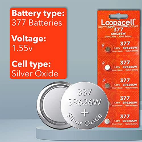 LOOPACELL 377/376 / SR626W / SR626SW / Silver Oxide Watch Batteries (Pack of 5) 1.55V Long