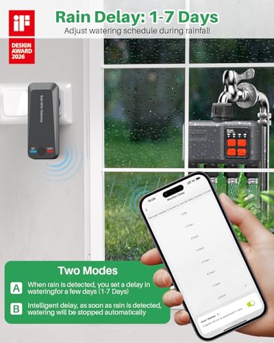 johgee 4 Way WiFi Irrigation Timer with RF 300M Technology, WiFi Irrigation Control, Compatible with Alexa & App, Watering Timer with 2 Modes & Rain Delay for Garden, Lawn