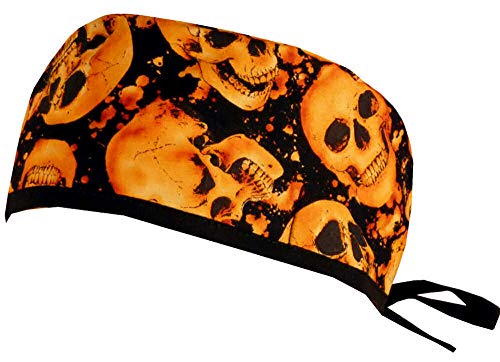 Mens and Womens Surgical Scrub Cap - Tossed Orange Skulls on Black
